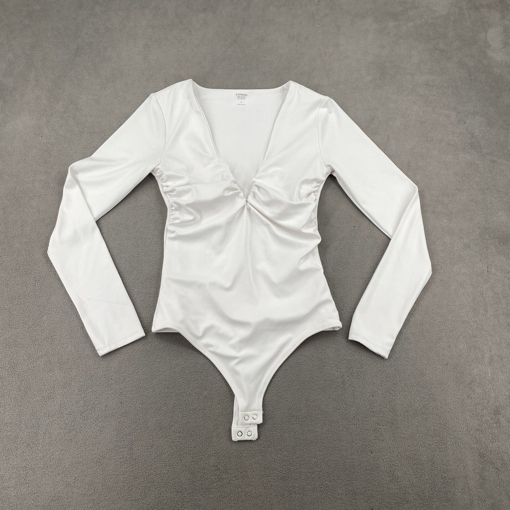 Express Body Contour High Compression Ruched V-Neck Bodysuit White Small